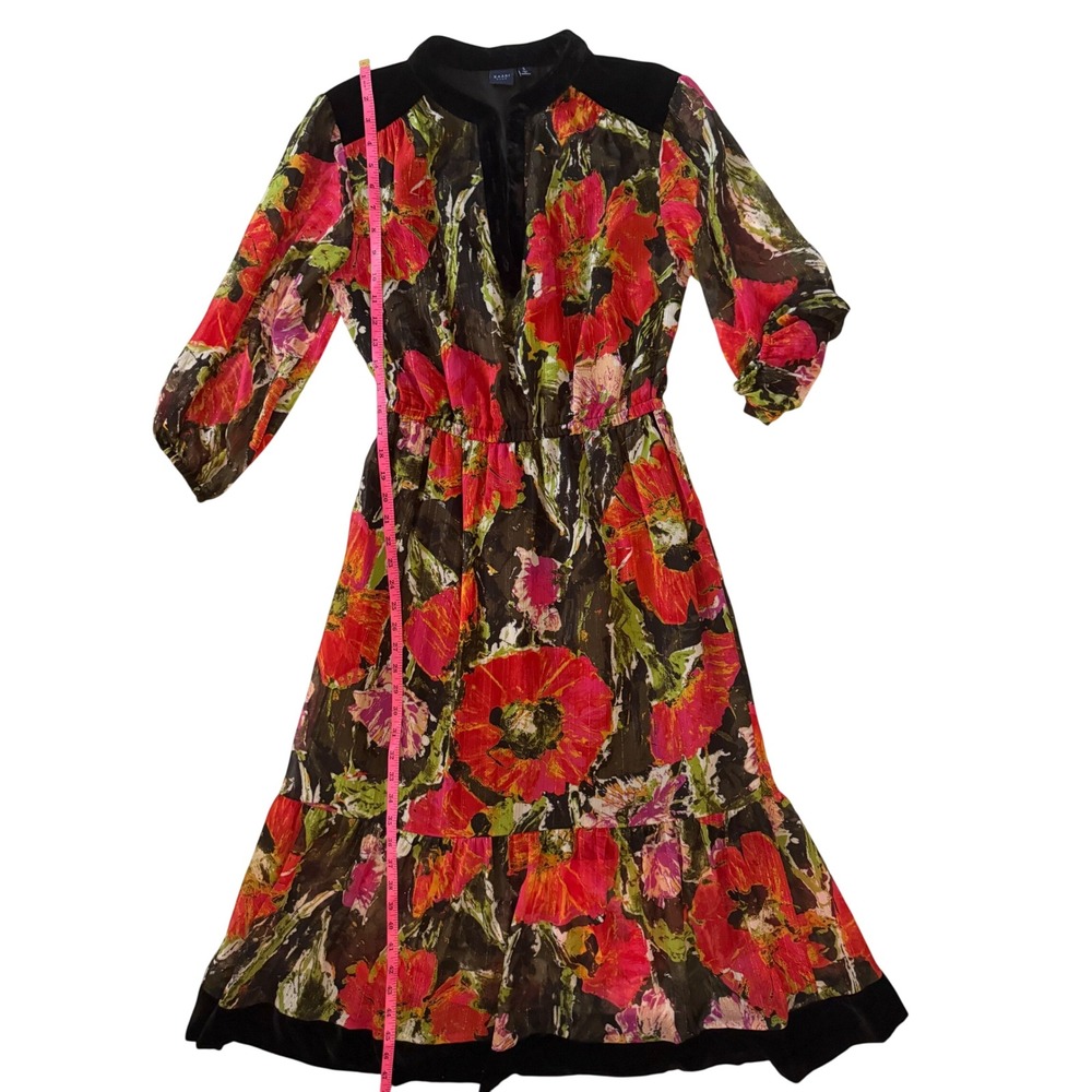 Kaari Blue Floral Poppy Shimmer Midi Dress Velvet Accent Boho Whimsygoth S - Picture 4 of 5